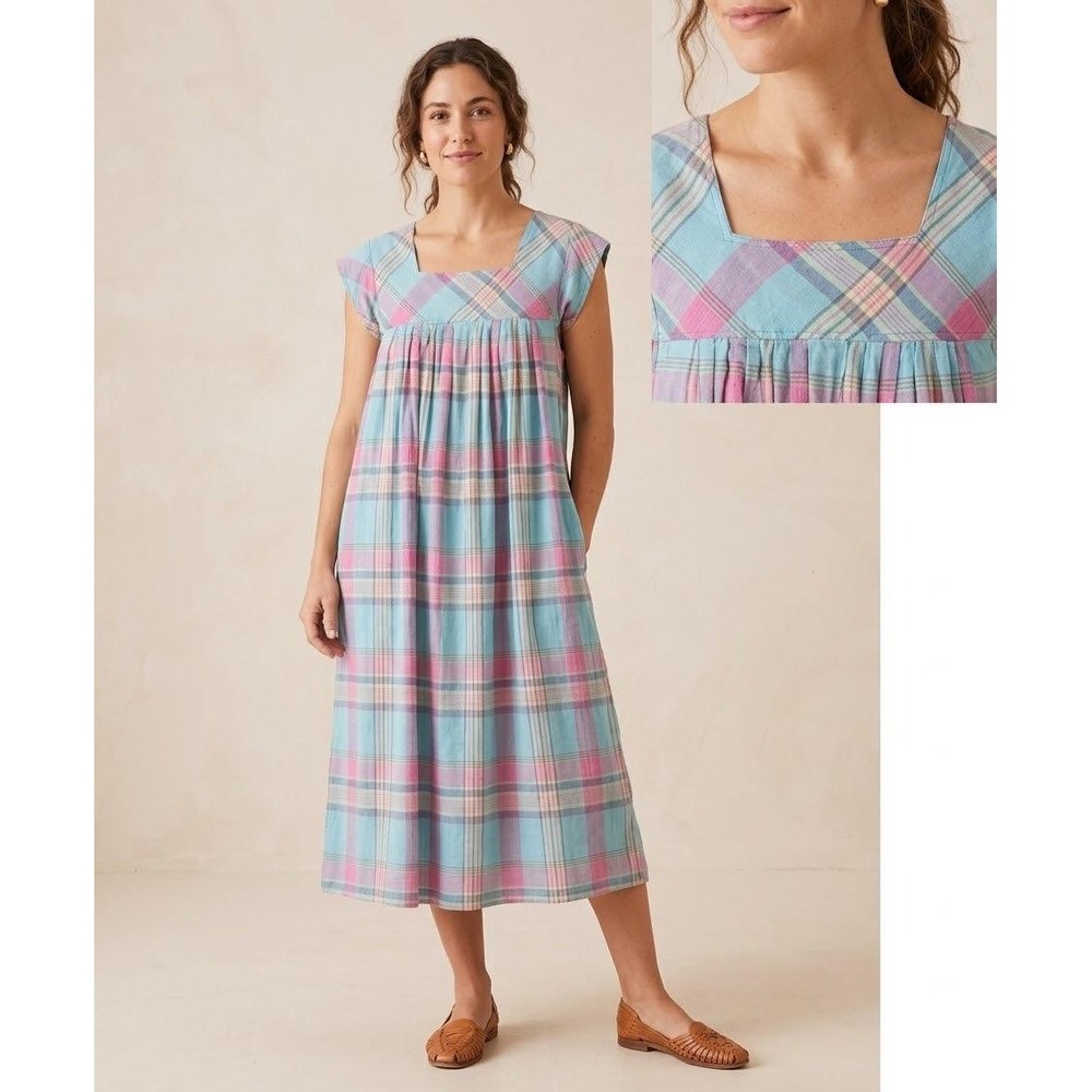 VTG Phases Plaid House Dress Womens Medium Blue Pink Cotton Midi Pocket Daygown